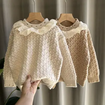 2023 Новый весенне-осенний вязаный свитер для маленьких девочек, пальто с длинным рукавом и вышивкой на лацканах, куртка для маленьких девочек, верхняя одежда для маленьких девочек