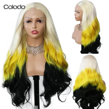 COLODO длинный синтетический парик фронта шнурка черного желтого цвета Омбре косплей парики для женщин объемная волна Термостойкий бесклеевой 13x4