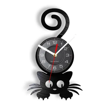 Crazy Cat Lady Wall Art Силуэт котенка с забавным хвостом Домашний декор Настенные часы с виниловой пластинкой Black Kitty Часы для любителей кошек