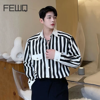 FEWQ, Мужская Повседневная рубашка в Черно-белую полоску в Корейском стиле, 2023, Новые Модные Свободные Однобортные Рубашки С лацканами 9A1235