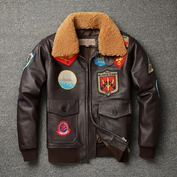 G1 Air Force Flight Leather Мужская куртка с шерстяным воротником из воловьей кожи и хлопка Top Gun такая же, как у Тома