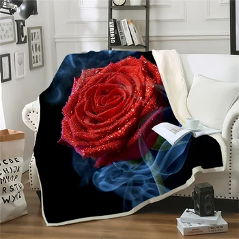 HX Модные одеяла с цветочным рисунком, Красная роза, роса, Дым, Арт, 3D-графика, Покрывало для кроватей, диванов, двухслойные одеяла, портативные