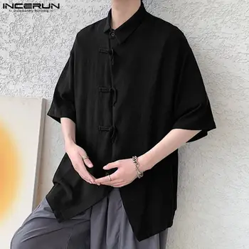 INCERUN Топы 2023, Корейский стиль, Мужская Хлопчатобумажная льняная блузка с пряжкой, Повседневные Модные рубашки с неровным подолом и короткими рукавами S-5XL