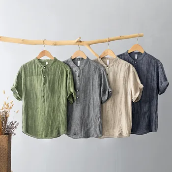 L1006 Летние Рубашки из натурального льна, приятные для кожи, дышащие, Мужские топы Со стоячим воротником, Повседневная Свободная мужская одежда с короткими рукавами