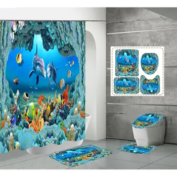 Seaworld утолщенная занавеска для душа в ванной из четырех частей, комплект сухих водонепроницаемых подвесных штор для унитаза, домашний декор.