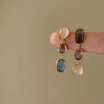 Асимметричные серьги с разноцветными камнями для женщин, серебряная игла, средний античный контраст, дизайнерские серьги, вечерние украшения, подарки