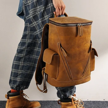 Большой вместительный кожаный рюкзак в стиле ретро для путешествий на открытом воздухе