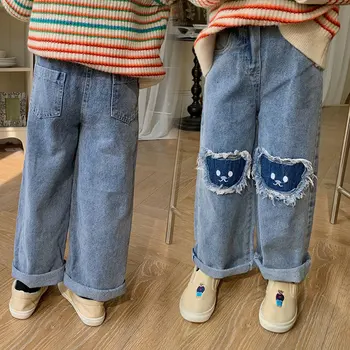 Брюки для девочек 2023 года, новые корейские джинсовые брюки с мультяшным котом для маленьких девочек, широкие брюки для девочек 3-8 лет