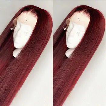 Винно-красные синтетические парики на кружеве 13х4 см, Бесклеевые прямые волосы из термостойкого волокна, предварительно выщипанные по линии роста волос Для женщин на каждый день