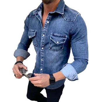 Всесезонные мужские повседневные рубашки приталенного кроя, джинсы, топы с длинными рукавами, рубашки и блузки с воротником-лацканом и карманом на пуговицах, мужская одежда