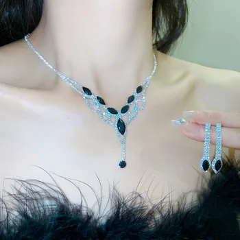 Геометрическое полое ожерелье из горного хрусталя, серьги, женские серьги с черными кристаллами, свадебные комплекты украшений для невесты, аксессуары
