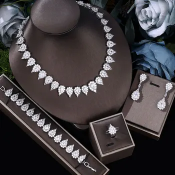 Горячая распродажа, роскошный классический женский ювелирный набор из 4 частей, позолоченный циркон, металлическая цепочка, ожерелье, браслет, серьги