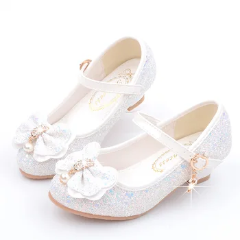 Детская кожаная обувь принцессы Со стразами и бантом, детская танцевальная обувь на высоких каблуках, модная обувь для девочек, блестящая Белая обувь для свадебной вечеринки