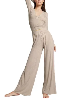 Женская одежда из 2 предметов, Повседневный брючный костюм, Приталенная футболка с длинным рукавом и эластичной резинкой на талии, широкие брюки, эластичный комплект для йоги