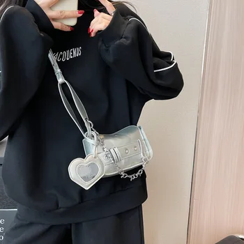 Женская серебряная сумка-слинг с зеркалом на цепочке Y2k Motor, сумка через плечо в стиле гранж, мини-сумочка для губной помады, крутая дизайнерская сумочка