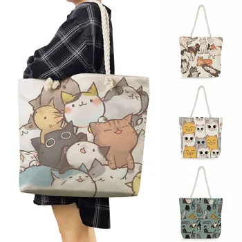 Женская сумка с рисунком кота из мультфильма Аниме, Многоразовые Повседневные сумки на плечо с милым животным принтом, Пляжная сумка для покупок