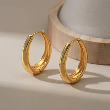 Классические овальные серьги-кольца большого круга для женщин в европейском простом стиле, покрытые натуральным золотом 18 карат, элегантные серьги для темперамента