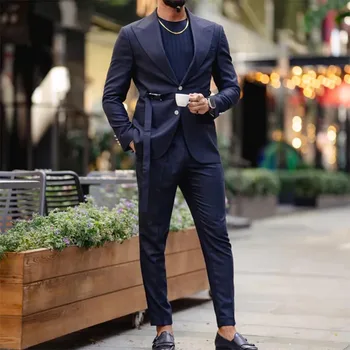 Классический темно-синий мужской костюм, Повседневный модный наряд для вечеринки, Свадебный банкет, Блейзер для жениха, брюки с отворотом, 2 штуки