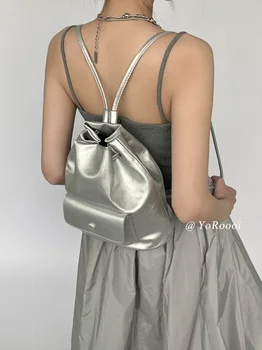 Корейский Роскошный дизайн, Серебряные сумки на шнурках, модный мини-рюкзак в стиле Гранж, Y2k, Эстетичный Универсальный Повседневный Женский рюкзак
