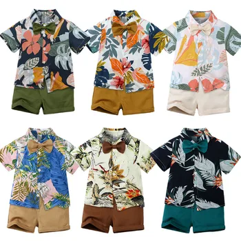 Летняя детская одежда для мальчиков, рубашка и шорты Aloha, пляжная одежда из хлопка, модный костюм для малышей