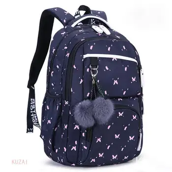 Милые школьные сумки с цветочным шариком с принтом 2023 года для девочек-подростков, школьный рюкзак для ноутбука, украшение из мехового шарика, детские школьные сумки