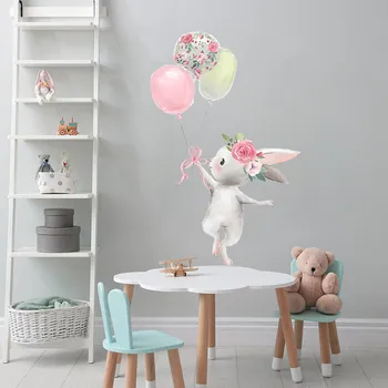 Милый Цветок воздушный шар Кролик ПВХ Наклейки На Стену для Девочек Декор Комнаты Экологичные Детские Наклейки На Стены Обои для Украшения дома