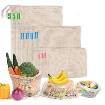 Многоразовые хлопчатобумажные сетчатые пакеты для овощей и фруктов Кухонная моющаяся сетчатая сумка для хранения Эко-авоська Кухонный органайзер