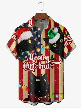 Мужская рубашка Christmas Cat, модный топ с коротким рукавом, воротник с лацканами, топ на пуговицах, Рождественская праздничная рубашка для мужчин, уличная одежда