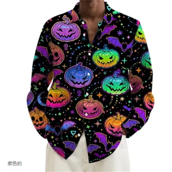 Мужская рубашка с отворотом в виде призрака тыквы, синяя, фиолетовая, уличная одежда с принтом на Хэллоуин, модная уличная одежда, дизайнерская повседневная одежда