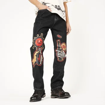 Мужские осенне-зимние джинсы Y2K в стиле ретро, уличные прямые брюки с широкими штанинами, повседневные длинные брюки из денима в западном стиле