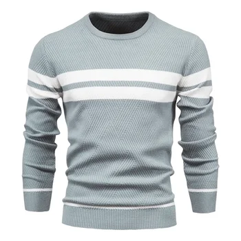 Мужской осенне-зимний свитер в полоску, толстые теплые пуловеры, высококачественные мужские базовые повседневные Тонкие удобные свитера с круглым вырезом