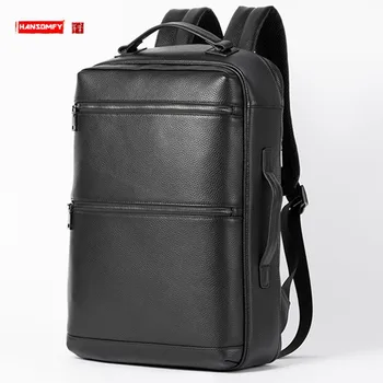 Мужской рюкзак из мягкой натуральной кожи для бизнеса Большой емкости 14-15,6 дюймов, Сумка для ноутбука, дорожные рюкзаки, Портативный Черный школьный рюкзак