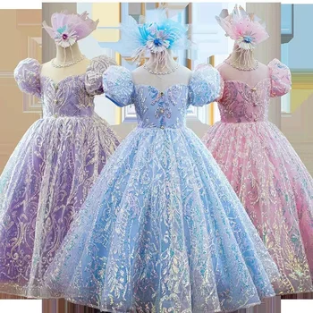 Новое поступление детских вечерних платьев Baby Princess с длинными рукавами и блестками Синего, розового, фиолетового цветов с короткими пышными рукавами для девочек-подростков