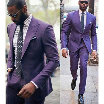 Новый мужской костюм, модный блейзер с отворотом и двумя пуговицами, деловой Формальный смокинг, фиолетовый свадебный костюм для мужчин, повседневная приталенная посадка, 2 шт.