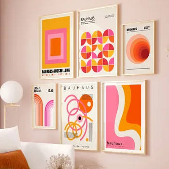 Оранжевые Абстрактные линии Баухауза Выставочные плакаты Галерея Настенных рисунков Картины на холсте Картины для украшения гостиной