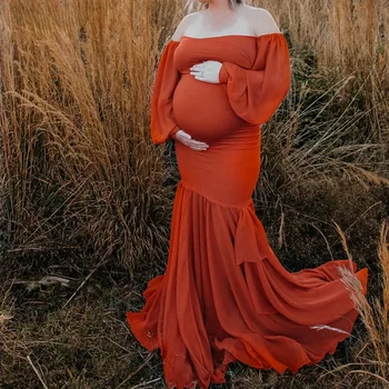 Платье для беременных для фотосессии, сексуальное женское шифоновое платье с открытыми плечами и длинными рукавами 