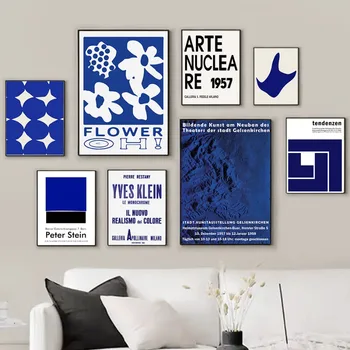 Ретро Темно-синий Абстрактный геометрический цветок, плакаты на скандинавскую тему и принты, настенное искусство, холст, живопись, настенные панно для декора гостиной