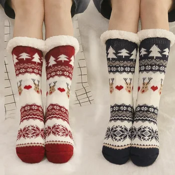 Рождественские носки с перекрестной каймой, домашние тапочки для сна для взрослых, чехлы для ног, нескользящие женские домашние носки для ковра