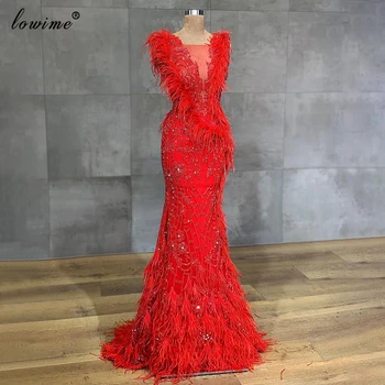 Роскошные вечерние платья с красными кристаллами 2021, вечерние платья с перьями русалки, платья знаменитостей, платья для свадебных вечеринок вечернее платье