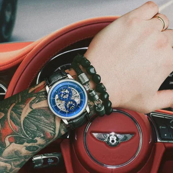 Синие часы с автоподзаводом со скелетным циферблатом, черные мужские наручные часы из натуральной кожи класса люкс от бренда FORSINING, деловые механические мужские часы