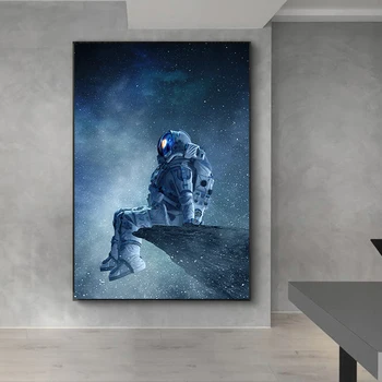 Современное искусство Одинокий астронавт, сидящий в космосе, холст, живопись, плакаты и принты, настенные рисунки для декора спальни