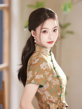Традиционная одежда Чонсам с цветочным принтом, платье Ципао в китайском стиле с коротким рукавом и высоким разрезом, Vestido