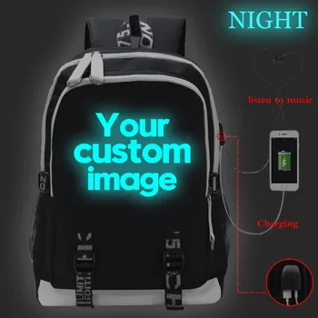 Школьные сумки на заказ Добавьте свой дизайн, напечатайте логотип, текст, фото, Черный рюкзак для подростков, Настройте Светящийся рюкзак для ноутбука с USB-зарядкой