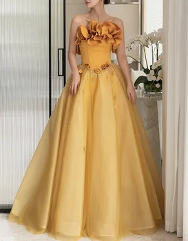 Элегантное Желтое Вечернее платье в цветочек Сладкие Банкетные бальные платья Роскошные Пышные Вечерние платья Без бретелек для выпускного вечера Vestidos