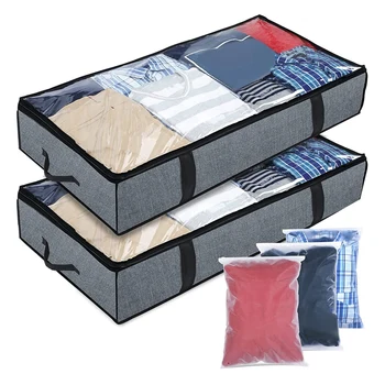 Ящики для хранения под кроватью-комплект из 2 ящиков для хранения под кроватью с 3-кратными сумками на молнии-Ящики для хранения одежды с крышкой и окошком
