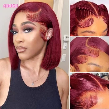 ​Adugii 99J Бордовый Короткий парик-боб 13X4, Кружевные передние парики для чернокожих женщин, Бразильские Человеческие волосы, Прозрачный кружевной Передний парик